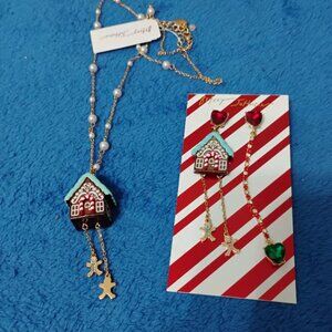 Betsey Johnson Gingerbread House Long Chain Pendant Necklace and Earrings NWT